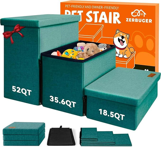 Dog Stairs with Storage 18" H, 3-Step Wider Dog Steps for Small/Medium/Large Old Dogs Cats, Folding Sturdy Pet Stairs for Climbing Bed Couch, Ramp for Car Hold Up to 200 lbs, Dark Green