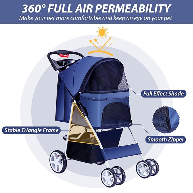 4 Wheels Pet Stroller for Small Medium Dogs Cats 10-33 lbs, Foldable Dog and Cat Stroller with Cup Holder & Storage Basket & Breathable Mesh, Pet Strolling Cart for All-Season, Navy Blue