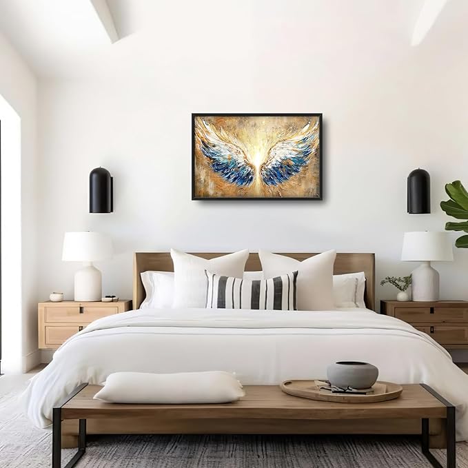 Extra Large Angel Wings Framed Wall Art for Living Room,Oversized Golden Wings Pictures Wall Decor,Holy Gold Blue Canvas Print Painting Modern Artwork Bedroom Office Bathroom 36L" x 24W"