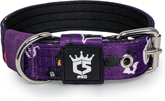 TSPRO Tactical Dog Collar 1.25 Inch Wide Thick Dog Collars with Heavy Duty Metal Buckle, Durable, Strong, Adjustable for Small Dogs (Halloween Purple S)