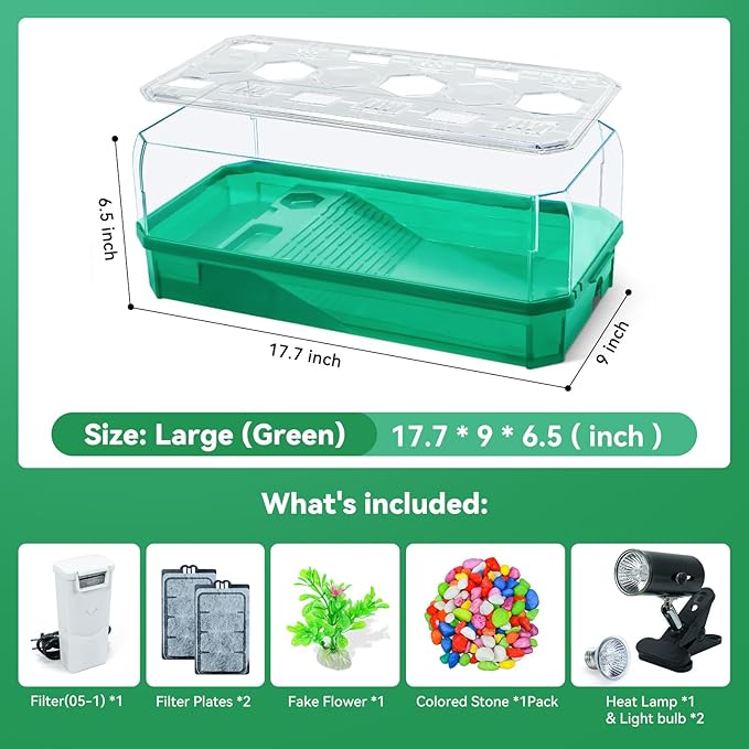 Aquatic Turtle Tank Habitat Kit Stone+Filter+Heat Lamp Enhancing Interaction with 360° Viewing, Standalone Filtration, DIY Creative Zone, Enriched Living (Green, Large[with Light])