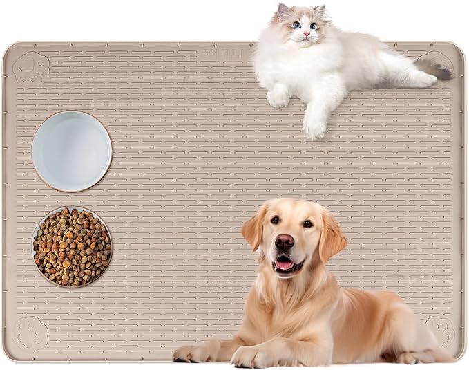 Cat Food Mat, 40" x 28" Extra Large Silicone Pet Feeding Mat with Raised Edge Pet Placemat for Food and Water Bowl Non-Slip, Easy to Clean, Floor Protection (Khaki)