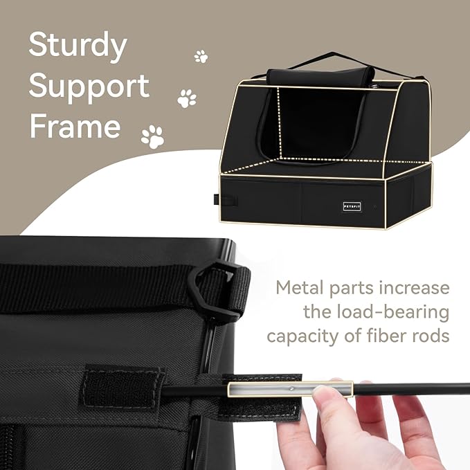 PETSFIT Portable Cat Litter Box - Removable 2-Layer Leak-Proof Lining, Scratch-Resistant Fabric with Sturdy Support Frame, Travel & Collapsible Cat Litter Box Black