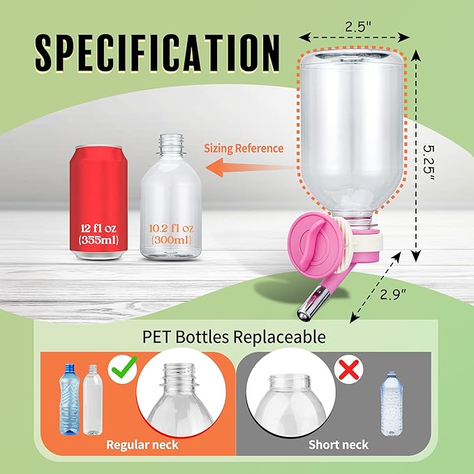 Choco Nose Patented Mini No-Drip Water Bottle/Feeder for Hamsters/Hedgehogs/Gliders/Rats/Mice/Other Small Pets and Animals - for Cages, Crates or Wall Mount. 10.2oz. Nozzle 10mm, Pink (C125)