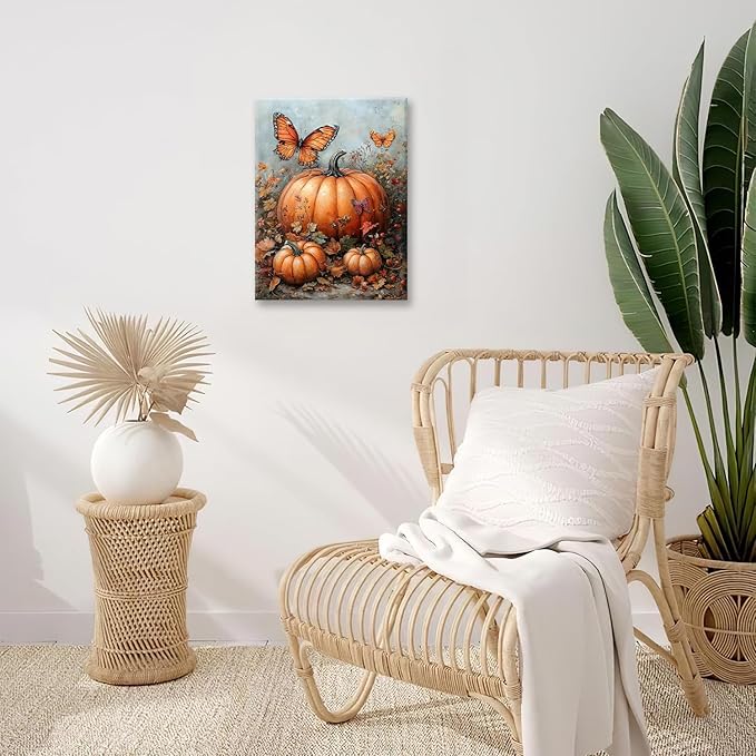Fall Pumpkin Pictures Wall Art, Rustic Thanksgiving Bathroom Wall Decor, Farmhouse Autumn Butterfly Framed Painting Canvas Artwork for Harvest Gift Bedroom Living Room Decorations 20"L x 16"W