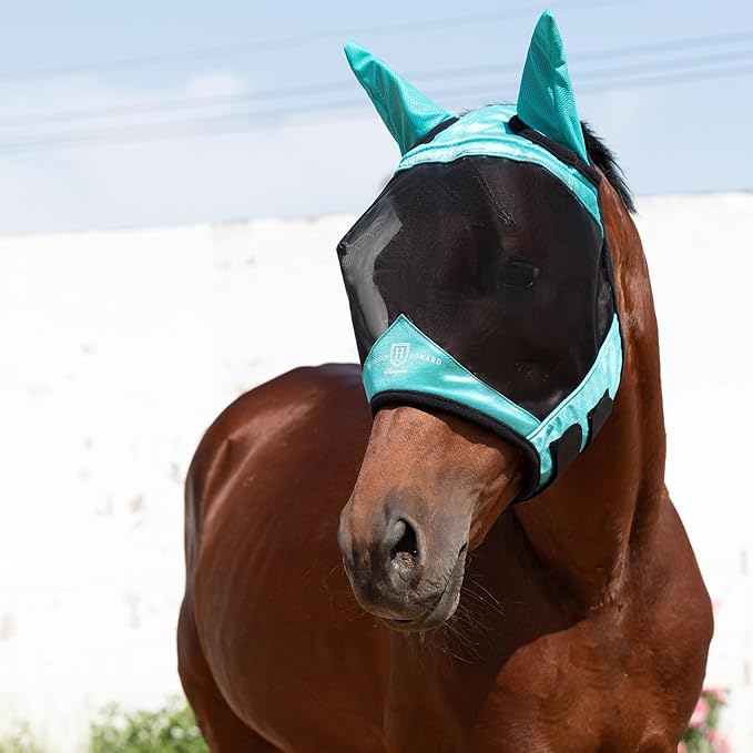 Harrison Howard Pro Luminous Horse Half Face Fly Mask Large Eye Space with Ears UV Protection for Horse Teal L
