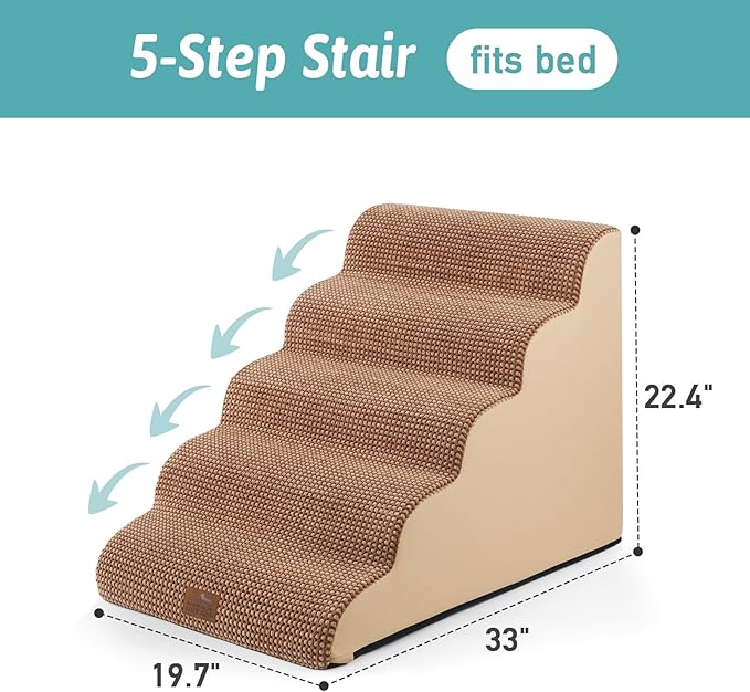 Extra Wide Dog Stairs 19.7" Width, Large Pet Step for Small Medium Dog, Puppy or Cat, Ramp for High Bed or Car, High Density Foam Ladder, Stable, 5 Step, 19.7x33x22.4 inch, Light Brown