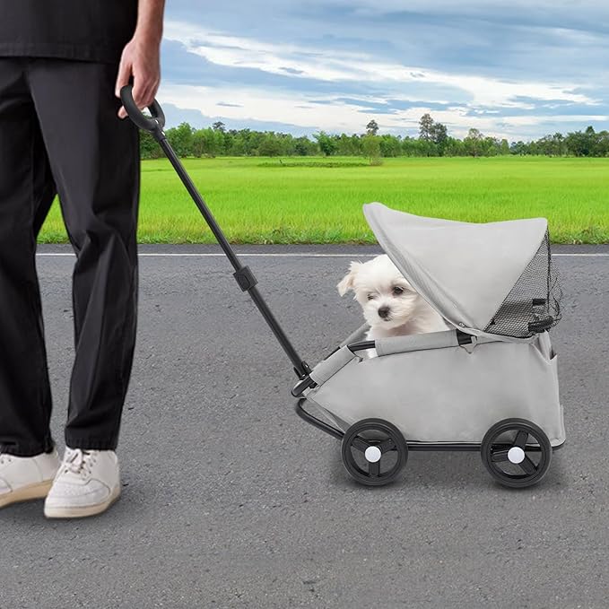 Small Dog Stroller, Pe4-Wheel Portable Dog & Cat Stroller with Semi-Open Design, Foldable Pet Cart with Canopy for Small Dogs or Cats Weighing Less Than 15.43 Pounds (Grey)