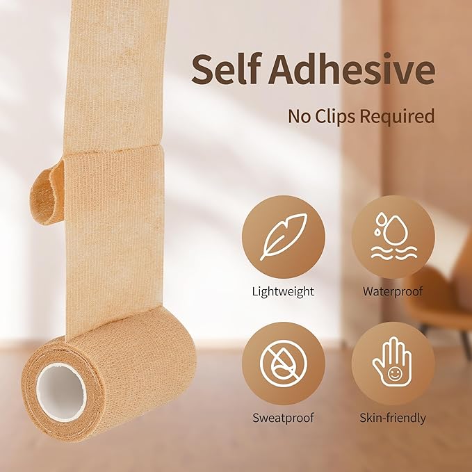 PHYTOP Self Adhesive Bandage Wrap 4 inches x 5 Yards, 12 Pack of Cohesive Tape for First Aid, Sports, Wrist and Ankle, Also for Horses & Dogs as Vet Wrap (Beige)