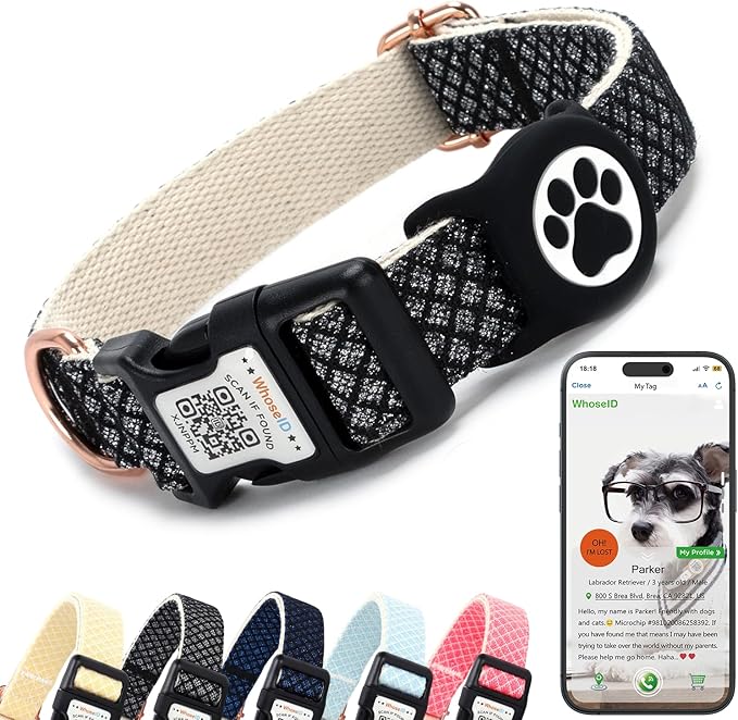 Dog Collar with Waterproof AirTag Holder & Anti-Lost QR Code, Cute Bling Warpping Adjustable Width for Small Medium Large Pet (Black, L)