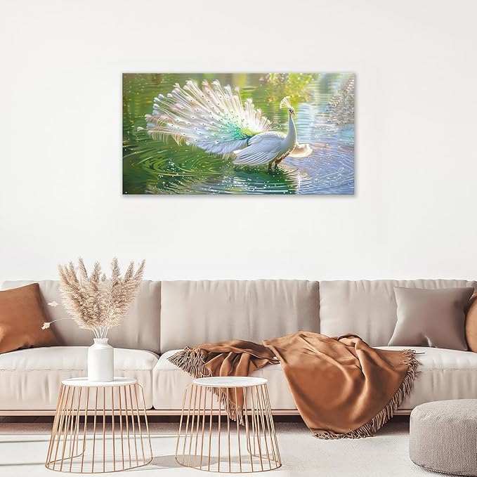 Large White Peacock Wall Art for Living Room Lake Colorful Peacock in Full Bloom Art Big Space Size Framed Bird Canvas Prints Pictures Painting Artwork Office Bedroom Home Decor 60"x30"