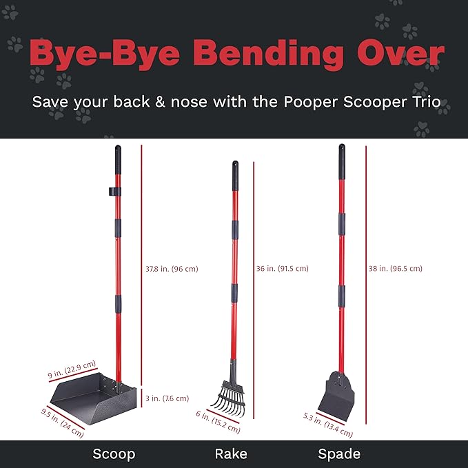 Pooper Scooper for Large Dogs, Small Dogs and Horses, Metal Poop Scooper Set with Long Handle Rake, Spade and Tray for Yard, Grass, Dirt or Gravel, Heavy Duty Aluminum Poop Picker Upper