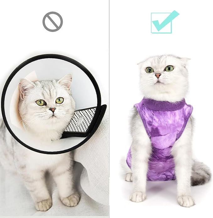 Cat Recovery Suit for Male and Female Surgical Post Surgery Soft Cone Onesie Tie Dye Cats Shirt Clothes Neuter Licking Protective Diapers Outfit Cover Kitten Spay Collar Alternative(Purple, M)