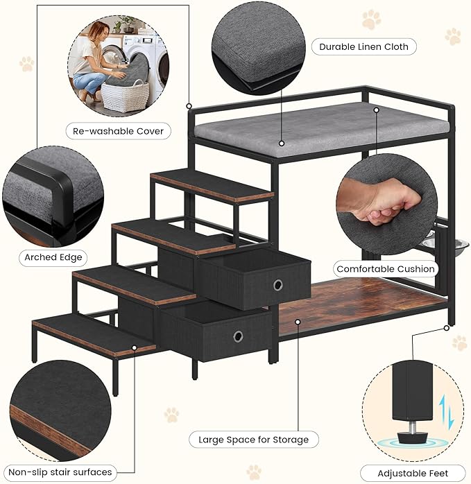 Dog Window Perch with 360° & Adjustable Raised Feeder, Pet Bunk Bed with Removable Stair and 2 Drawers, Elevated Platform Bed, Pet Elevated Seat with Cushion, Paw-Friendly Ladder