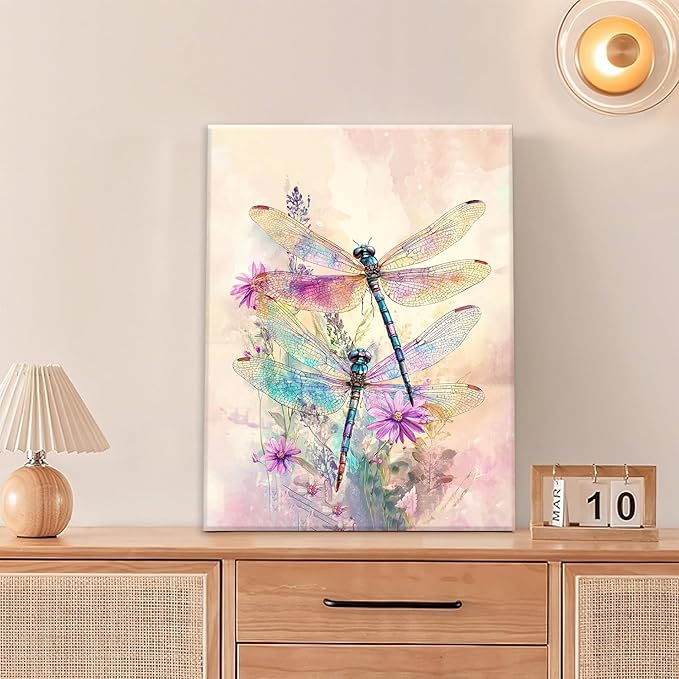 Dragonfly Bathroom Pictures Wall Art, Floral Bathroom Wall Decor, Framed Painting Canvas Artwork for Bedroom Living Room Decorations 20"L x 16"W