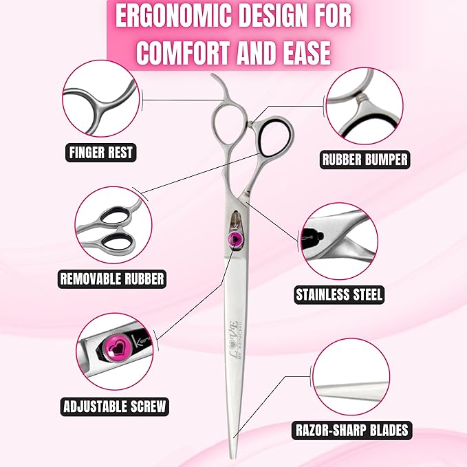 Kenchii Love Dog Grooming Scissors, 9 Inch Straight Shears, Dog Scissors for Grooming, Professional Pet Grooming Scissors, Heavy Duty, Durable and Sharp