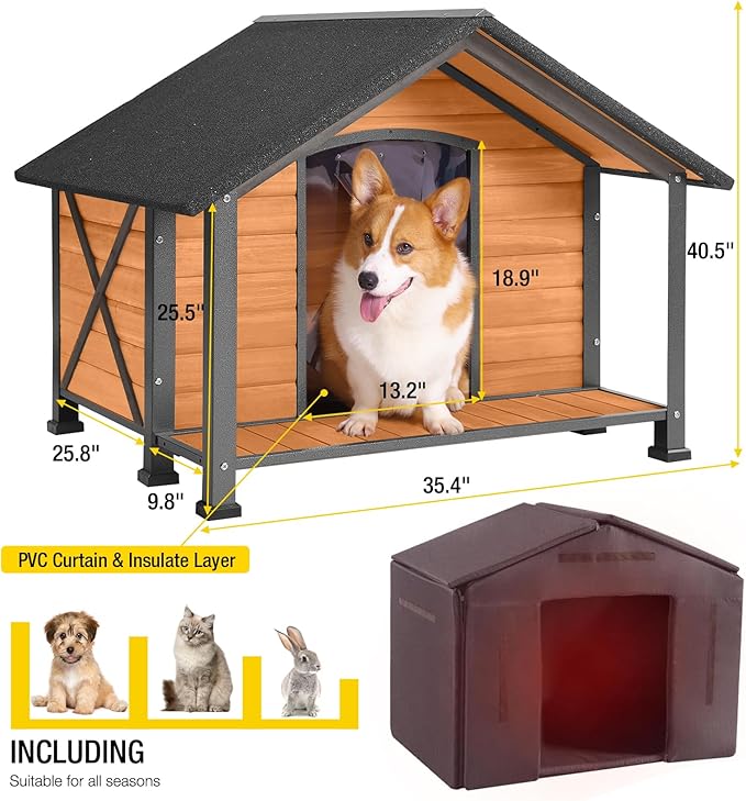Aivituvin Dog House with Insulated Liner Outdoor All-Around Iron Frame Dog Kennel Outside with Overhang Roof Large Porch Weatherproof