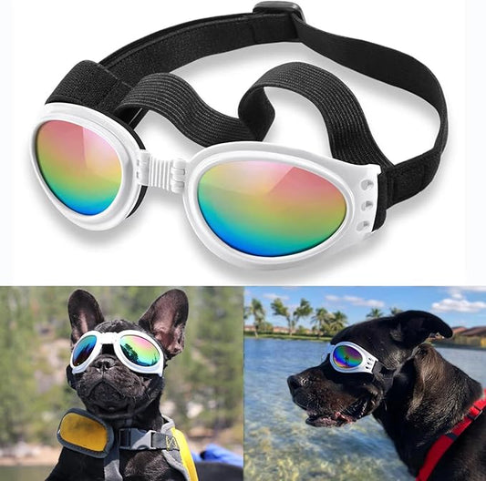 QUMY Dog Sunglasses Dog Goggles for Medium Large Breed Dogs, Wind Dust Fog Protection Eye Wear Pet Glasses with Adjustable Strap for Motorcycle Car Driving Bike Riding Hiking Swimming Over 15lbs White