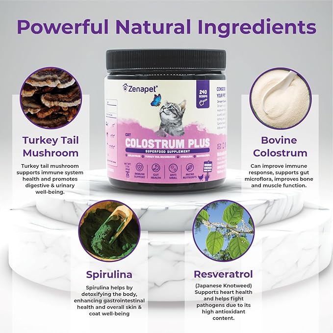 Zenapet Cat Colostrum Plus Superfood Supplement, 240 Day Supply Bovine Colostrum Powder, Cat Probiotic for Immune Support, Digestive Health, Allergy Relief, Joint Support, and Skin/Coat Health