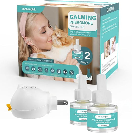 Cat Calming Diffuser, Cat Pheromones Calming Diffuser, Effectively Relieve Anxiety Stress Cat Diffuser Calming Multicat with 1 Diffuser + 2 Refill 48ml Last 60 Days Fits All Cats