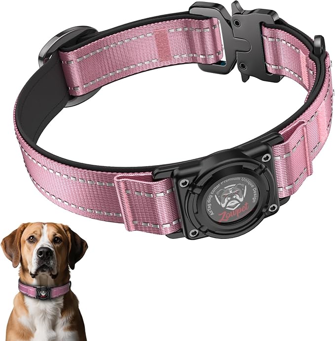 2025 Upgrade Airtag Dog Collar, Reflective Dog Collar with Airtag Holder, IP68 Waterproof| Metal Buckle| Ultra-Durable| Comfortable Padded, GPS Dog Collars for Medium Large Dogs (Pink,L)