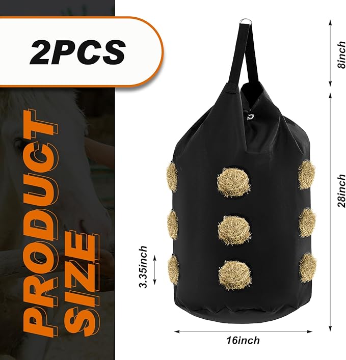 2 Pcs hay Bags for Horses Goats Slow Feed 1680D Oxford Bag Black Large Capacity Net Open Feed Hole Hay Holder for Horse Goats Sheep(15 Holes)