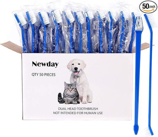 Newday 50 Pieces Double-Headed Dog Cat Pet Toothbrush, Super Soft Bristles Oral Care Teeth, pet Tooth Brush for Dogs, Dog toothbrushes in Bulk Individual polybag (Blue)