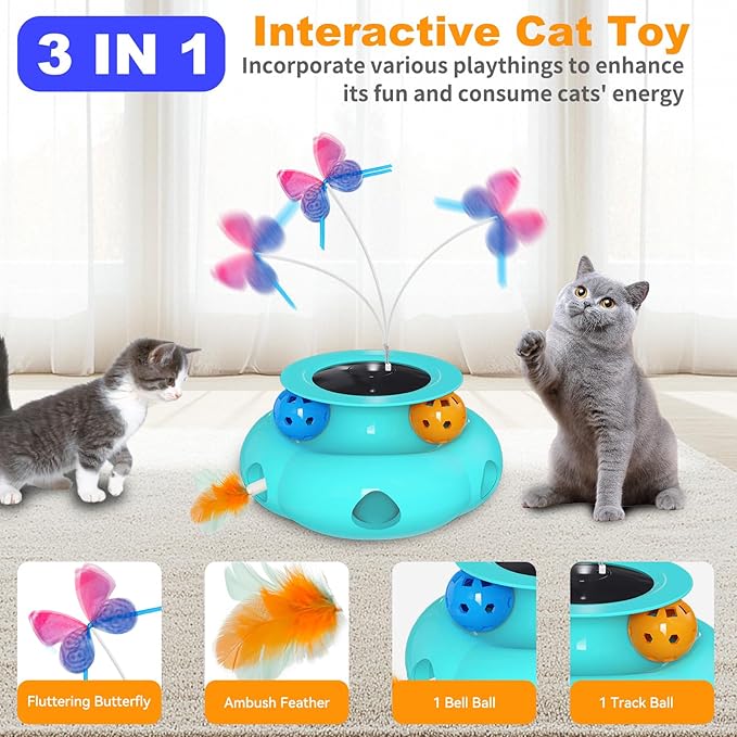 Interactive Cat Toys for Indoor Cats, 3in1 Pet Teaser Toy with Ambush Feather Wand, Fluttering Butterfly and Track Balls, Touch Activated Automatic Kitten Rechargeable Toys