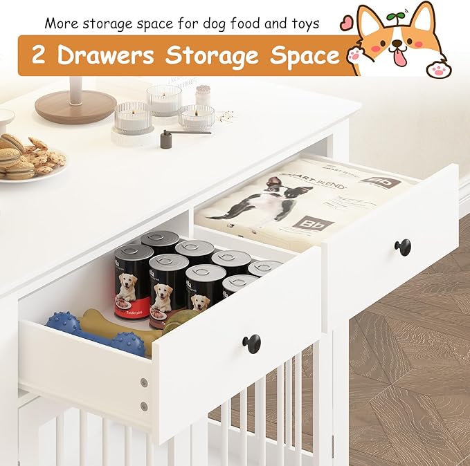 Dog Crate Furniture, 44 Inch Wooden Dog Kennel Indoor with 2 Storage Drawers, Heavy Duty Large Crate Furniture, Decorative End Table Cage Furniture for Small/Medium/Large (White)