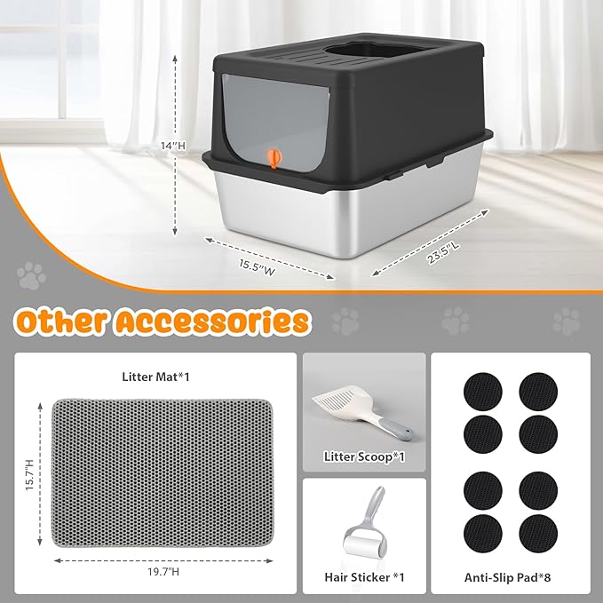 Litter Box with Lid, Stainless Steel Litter Box XL, 14" H Metal Cat Box with High Sides Wall Enclosure, Cat Pan, Non-Sticky, Easy Clean, Anti-Leakage, Black