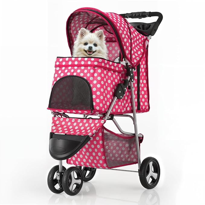 MoNiBloom 3 Wheels Pet Dog Cat Stroller for Small Medium Dogs Cats, Foldable Jogger Stroller w/Storage Basket and Cup Holder, Hot Pink Polka Dots