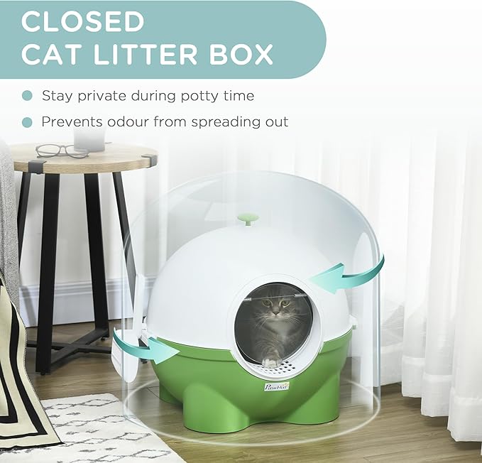 PawHut Hooded Cat Litter Box, Large Kitty Litter Pan with Lid, Scoop, Leaking Sand Pedal, Top Handle, Dark Green