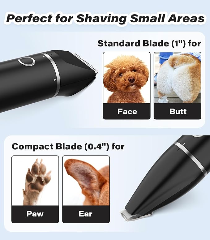 Casfuy Cordless Dog Paw Trimmer - Low Noise Small Dog Clippers with Double Blades USB Rechargeable Grooming Clipper for Dogs Cats and Small Pets for Trimming Hair Around Paws, Eyes, Ears, Face, Rump