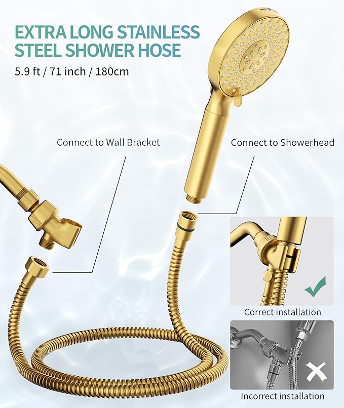 Filtered Shower Head with Handheld, High Pressure 9 Spray Mode Brushed Gold Showerhead with 4 Filters, Detachable Shower Head, Water Softener Filters Beads for Hard Water - Remove Chlorine