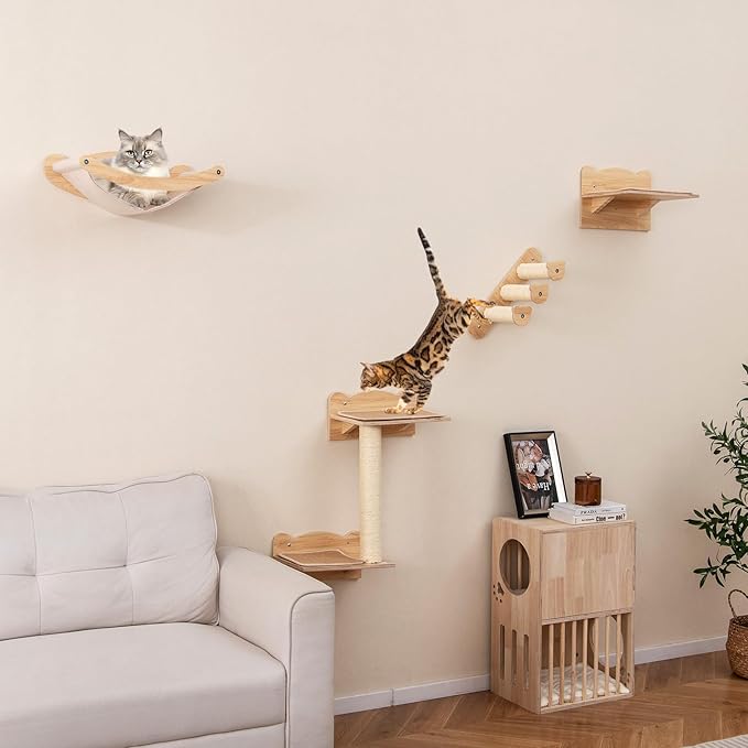 Tangkula Cat Wall Shelves, Wall Mounted 4pcs Kitten Furniture Set with Hammock, 2-Step Kitty Tree, Perch, Non-Slip Carpet Mat, Sisal Stairs & Scratching Posts, Wooden Cat Climber Steps (Natural)