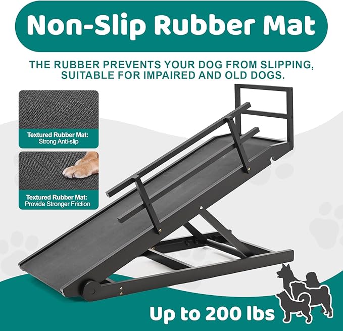 Dog Ramp for Bed, Adjustable Pet Ramps for Dog to Get on Bed, Non-Slip Rubber Surface - Folding Wooden Dog Ramp for Small/Large/Old Dogs, Adjustable up to 27.5 inch High Beds, Safety Railings