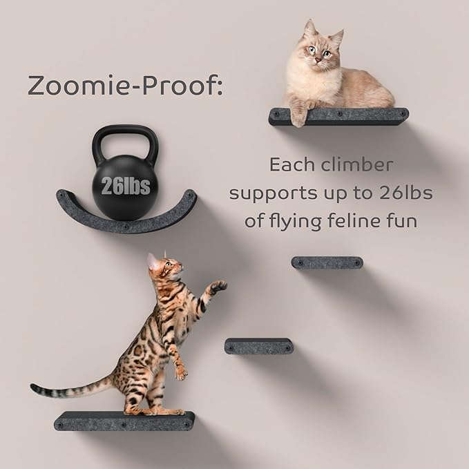 Wall Mounted Cat Shelves (Set of 4) by Pryde Pets - 100% Sustainable PET Felt Feline Enrichment Climber Furniture for Small & Large Indoor Cats, Modern Climbing Gym Jungle Design (Charcoal)