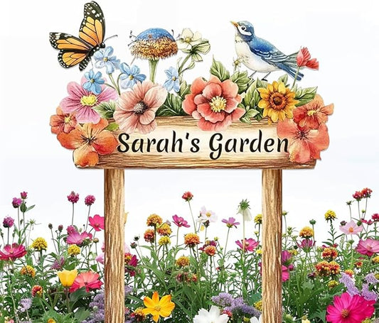 Personalized Colorful Bird Metal Sign with Stake,Custom Gardener Last Name Signs Outdoor Decorate,Customized Garden Accessories Decor for Mom,Butterfly Flowers Plaques for Patio Lawn Porch Backyard