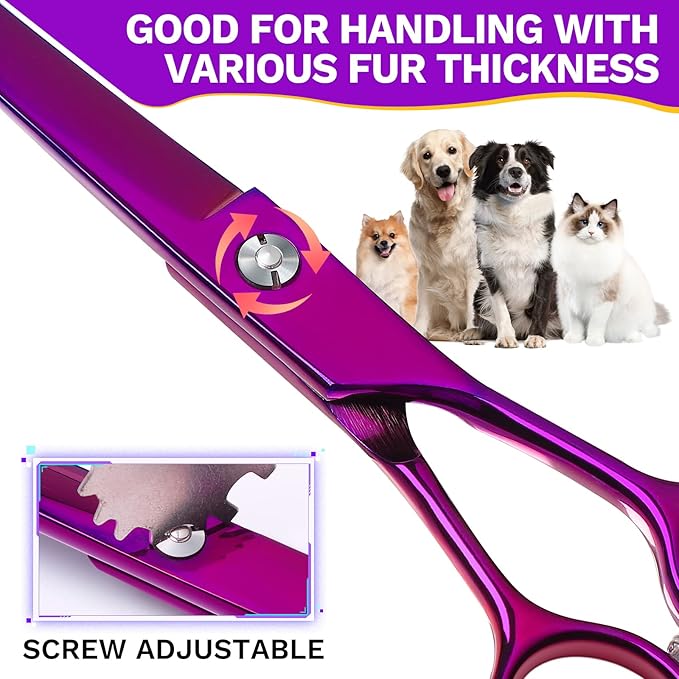 JASON Curved Shears for Dogs - 7.5" Pet Grooming Scissors with Ergonomic Handle Japanese Stainless Steel Trimming Scissor for Dogs, Cats and Other Pets, Sharp (Up-Curved, Purple)