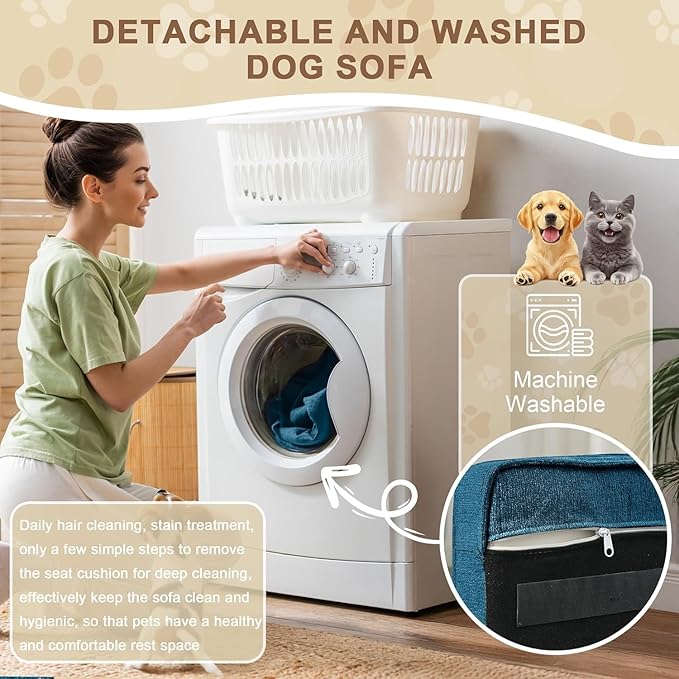 Dog Sofa Couch for Medium to Large Dogs, 31" Memory Foam Dog Couch with Washable Fabric, Removable Cushion, Sofa Bed for Medium and Large Dogs, Blue