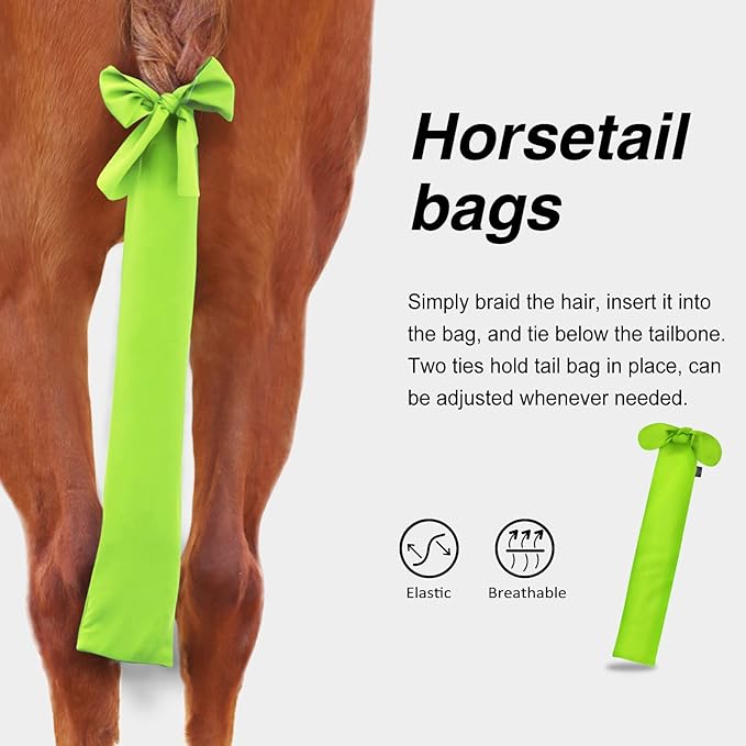 Harrison Howard Stretchy Tail Bag Breathable Horse Tail Guard Slip on Design Protect Horse Tail 2 Strand Closure Straps Keep Tail Clean & Protected 22" L Length Makes Grooming Easy-Fluro Lime