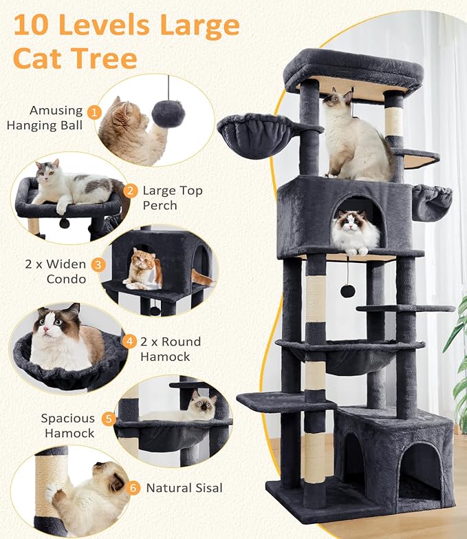 Cat Tree Large Cat Tower Tree 68" Multi-Level Cat Tower for Indoor Cats with Sisal Scratching Posts, Widen Cat Perche, Square Hammock, 2 Widen Condos, Scratching Posts, Grey