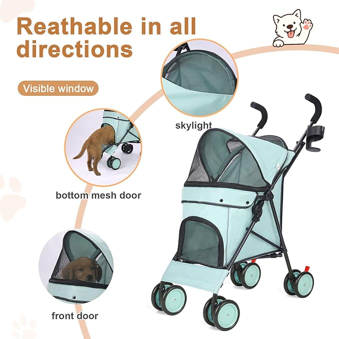Umbrella Dog Stroller, 4 Wheels Pet Strolling, Foldable Carrier Pet Stroller for Small Dogs Cats, with Carrying Strap and Cup Holder, Dog Poop Bags & Dispenser, Up to 33 lbs, Cyan