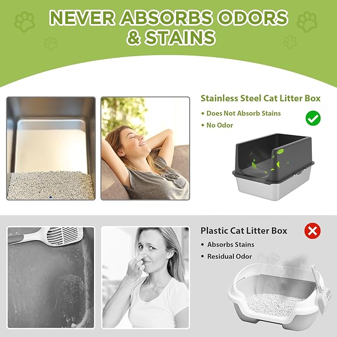 Stainless Steel Litter Box, Large Litter Box with Lid, Splash Proof, or Rusts, Black (23.5" L x 15.5" W x 14" H)