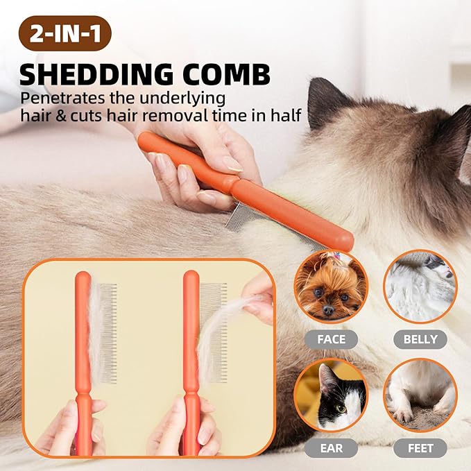 Dog Grooming Brush Set, 7 PCS Self-Cleaning Deshedding Hair Brushes for Short Long Haired Dogs Cats, Includes Scrubber Shower Wash Brush, Dematting Comb, Scissor - Yellow