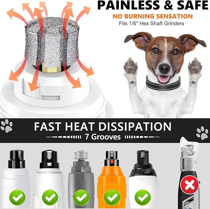 LENONG Fast Cooling Dog Nail Grinder Head with 7-Grooves, Anti-Clogging Diamond Pet Nail Grinder Replacement Heads with Steel Brush for Casfuy and Most Brands (2pcs 80#)