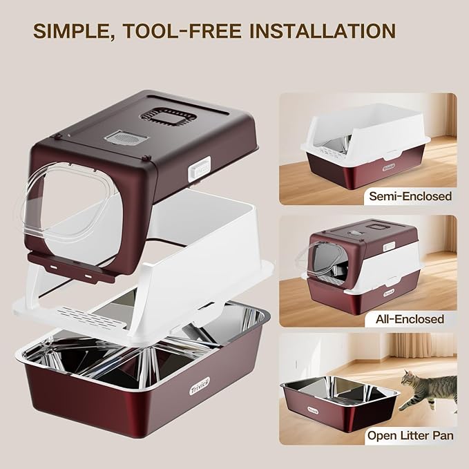 XX-Large Stainless Steel Cat Litter Box with Lid – Fully Enclosed Large Litter Box for Big Cats, Odor Control with Magnetic Door, Easy Clean, Multi-Cat Durable Metal Pan (Burgundy)