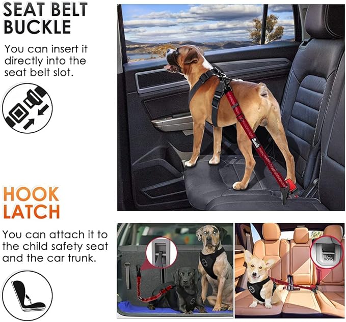 SlowTon Dog Seat Belt, Adjustable Dog Safety Belt Leash, 2 in 1 Latch Bar Attachment Dog Car Seatbelt with Elastic Nylon Bungee Buffer, Reflective Nylon Belt Tether Connect to Dog Harness (Red)