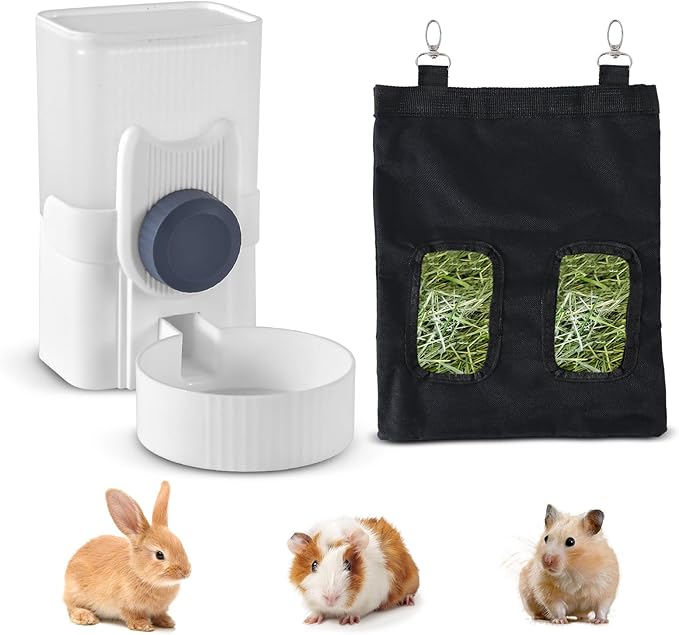 Rabbit Water Bottle 33oz Hamster Water Bottle Hanging Guinea Pig Water Dispenser Include Hay Feeder Bag Set for Bunny Small Pet Animal