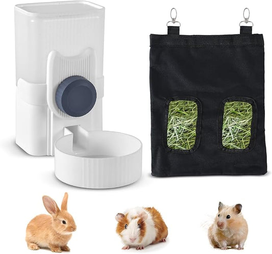 Rabbit Water Bottle 33oz Hamster Water Bottle Hanging Guinea Pig Water Dispenser Include Hay Feeder Bag Set for Bunny Small Pet Animal